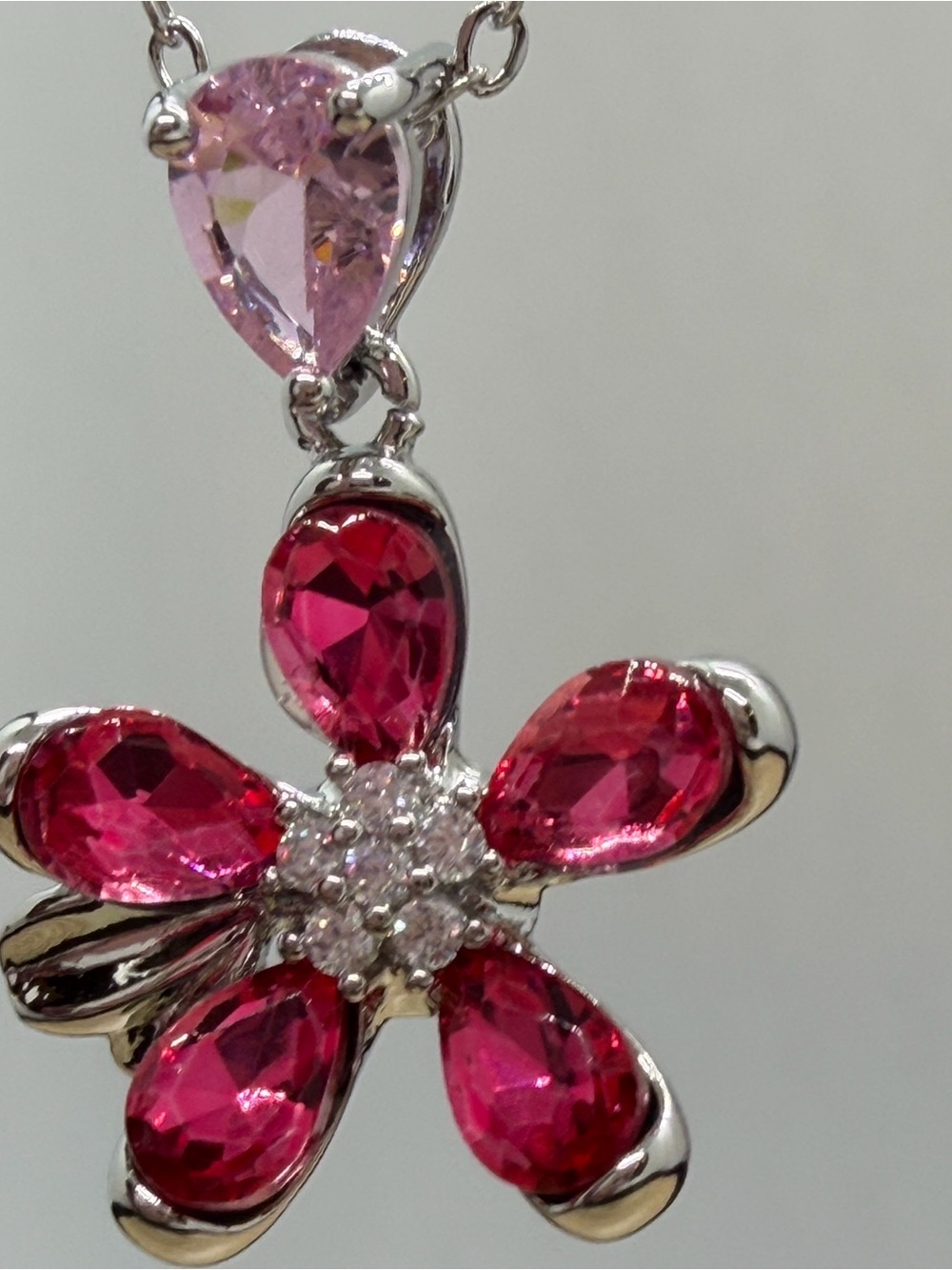 Silver Floral Pendant Necklace with Pink and Fuchsia Stones